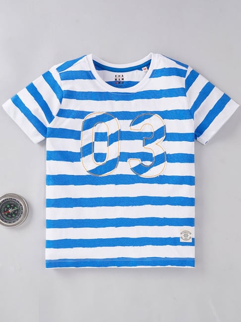 Ed-a-Mamma Boys Blue White Cotton Striped T-Shirt