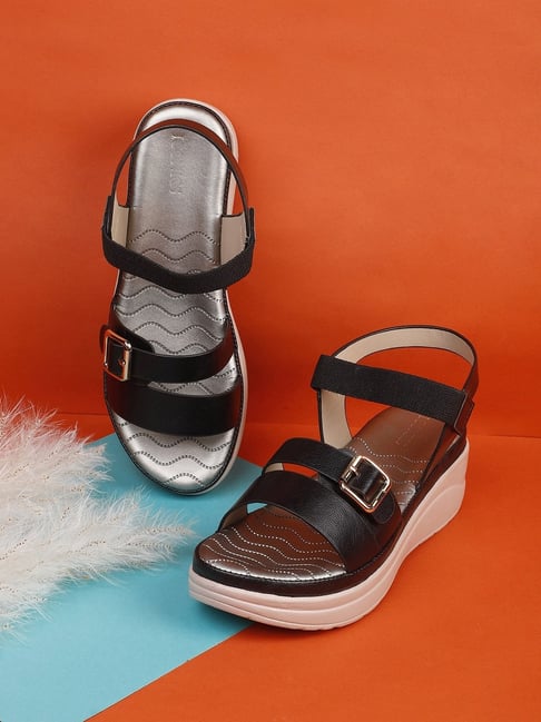 Iconics Women's Black Ankle Strap Wedges-picture-20