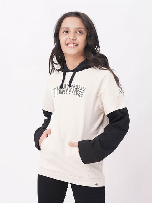 Edheads Kids Off-White Black Cotton Printed Full Sleeves Hoodie