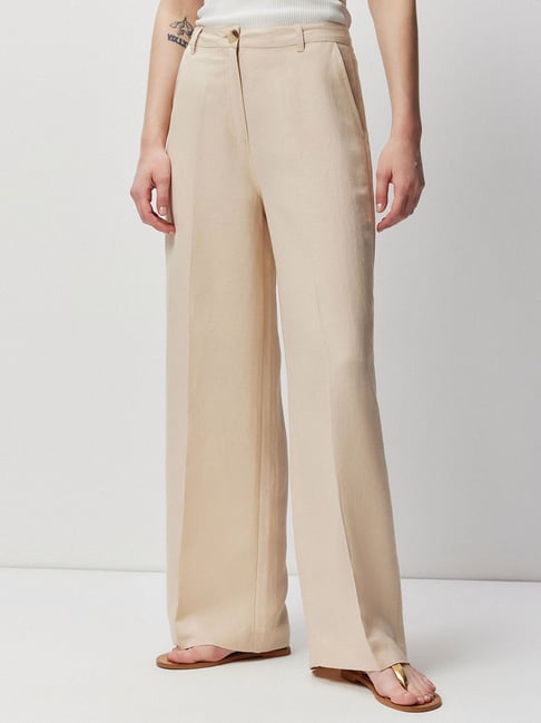KAZO Bottoms Pants and Trousers  Buy KAZO Beige Trousers with Button  Detail Online  Nykaa Fashion
