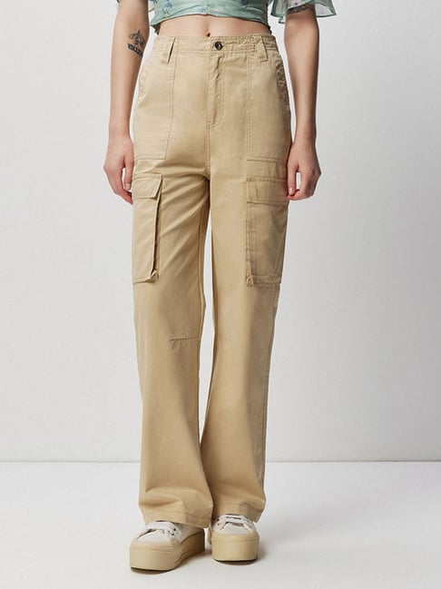 Womens Solid Beige Color Cargo Pant Trouser
