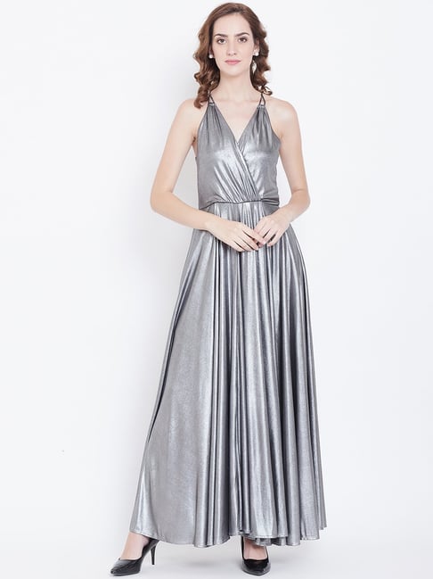 Buy ELLIZA DONATEIN Silver Grey Womens Round Neck Shimmer Maxi Dress |  Shoppers Stop