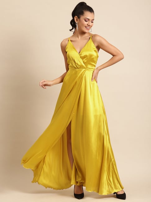 Buy Yellow 100% Georgette Embroidered Flower Strap Ruffled Maxi Dress For  Women by AMRTA Online at Aza Fashions.