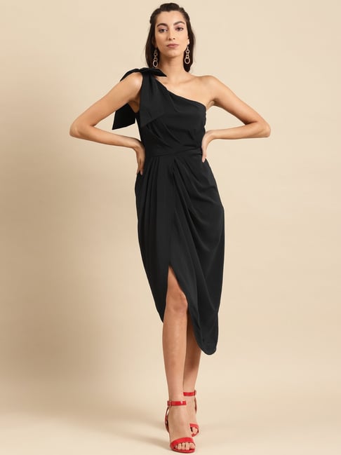 One Shoulder Cocktail Dress With Feather Chiffon Skirt In Black | Adrianna  Papell