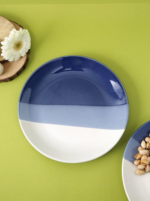 Aapno Rajasthan Blue & White Ceramic Half n Half Shade Snacks Plate - Set of 2