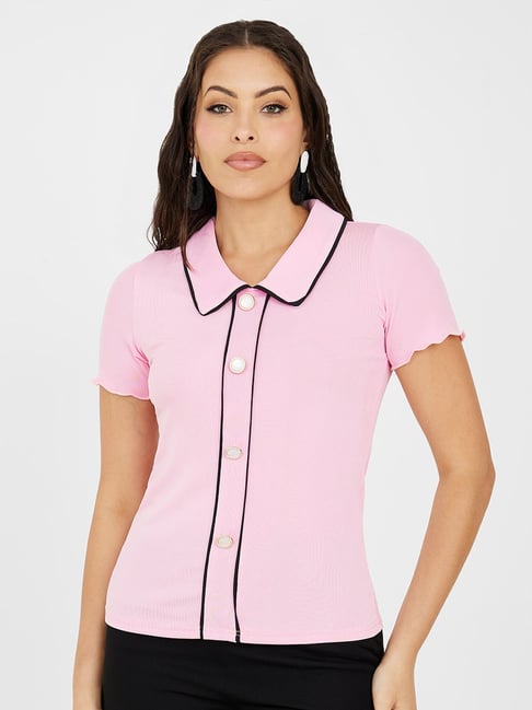 Styli Fine Ribbed with Pearl Buttons Polo T-Shirt