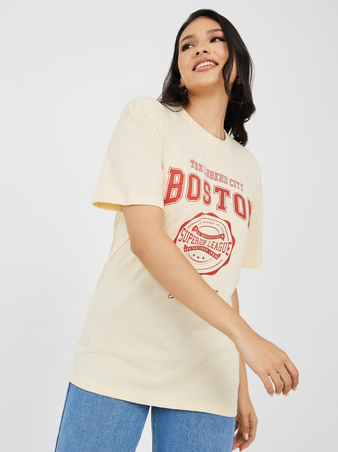 Buy Styli Cream Printed T-Shirt for Women Online @ Tata CLiQ