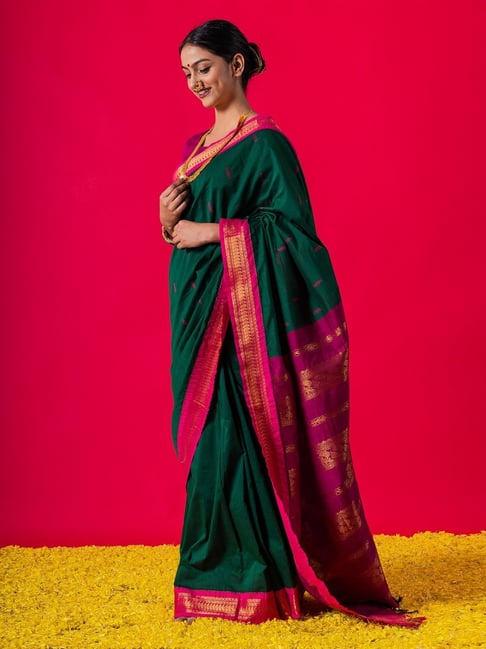 Buy Dark Green Silk Saree Embroidery Butti with Zari Border Online |  trendwati