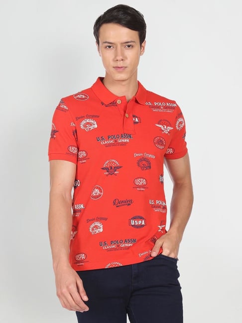 Buy Polo Red Cotton Regular Fit Printed Polo T-Shirts