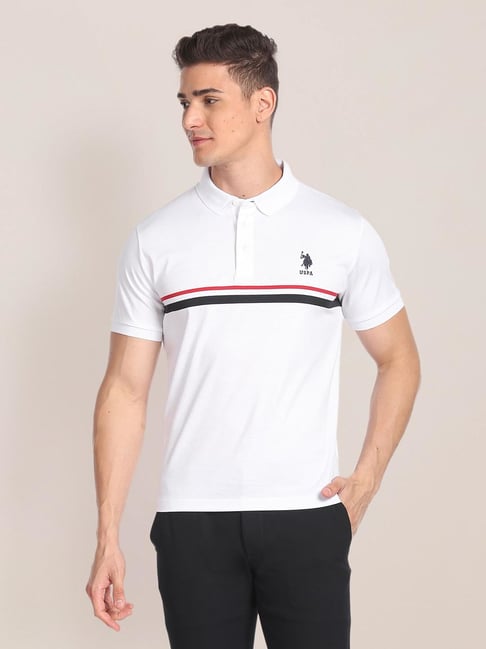 Polo White Cotton Regular Fit Striped Polo T-Shirt