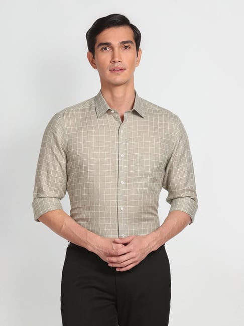 Buy Arrow Brown Linen Regular Fit Checks Shirts for Mens Online