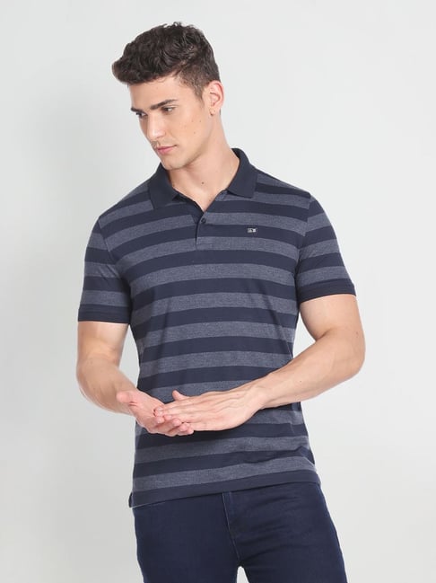 Arrow Sport Black Cotton Regular Fit Striped Polo T-Shirt