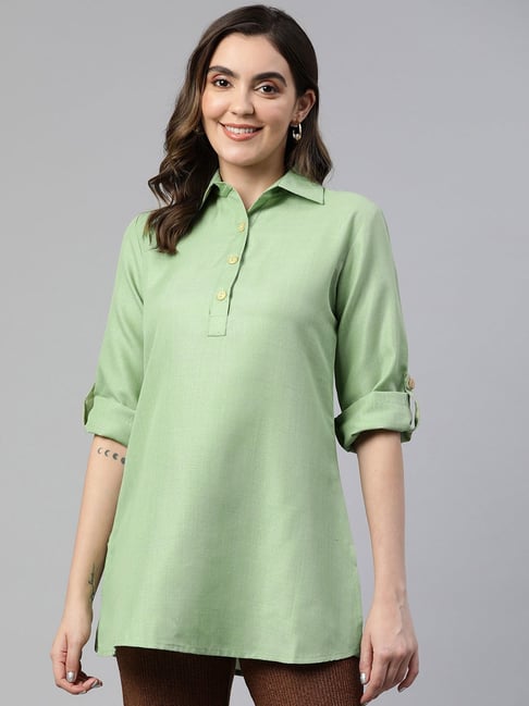 Buy Cottinfab Long Sleeves Women Sage Green Formal Shirt at