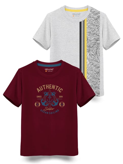 HELLCAT Kids Grey & Burgundy Printed T-Shirt (Pack Of 2)-picture-17