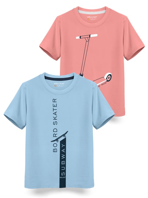 HELLCAT Kids Pink & Sky Blue Printed T-Shirt (Pack Of 2)-picture-22