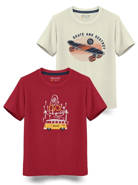 HELLCAT Kids Off White & Red Printed T-Shirt (Pack Of 2)-picture-10
