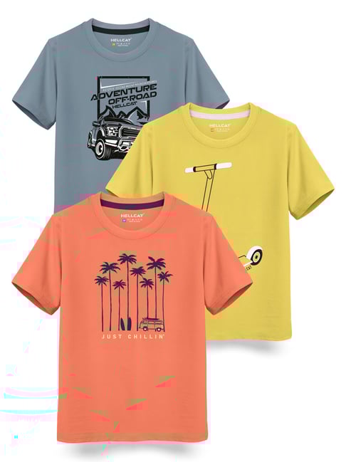 HELLCAT Kids Multicolor Printed T-Shirt (Pack Of 3)