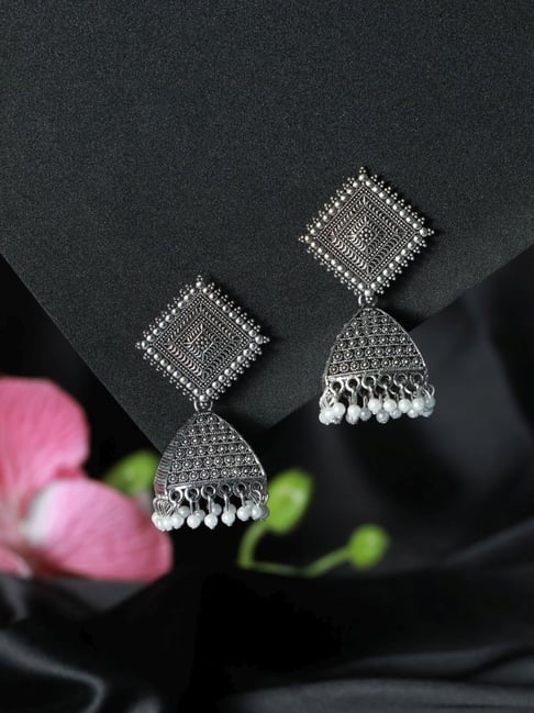 Aatmana Oxidised Silver-Plated White Textured Rectangle Shaped Jhumki for Women-picture-25
