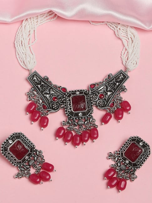 Buy OOMPH Jewellery Silver Tone Maroon Pink Jaipur Stone Set