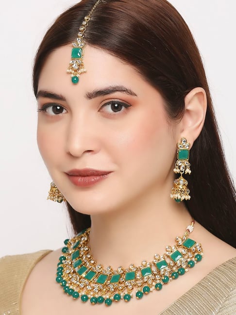 Green layered kundan choker necklace deals set