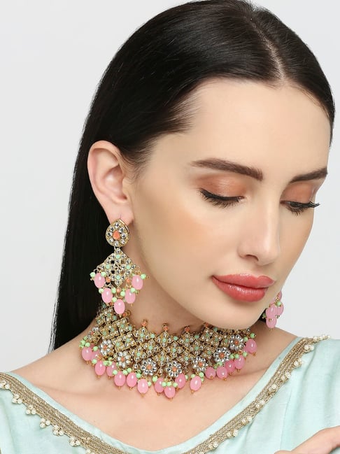 Gold & Pink Ethnic Kundan Earrings Set For Women