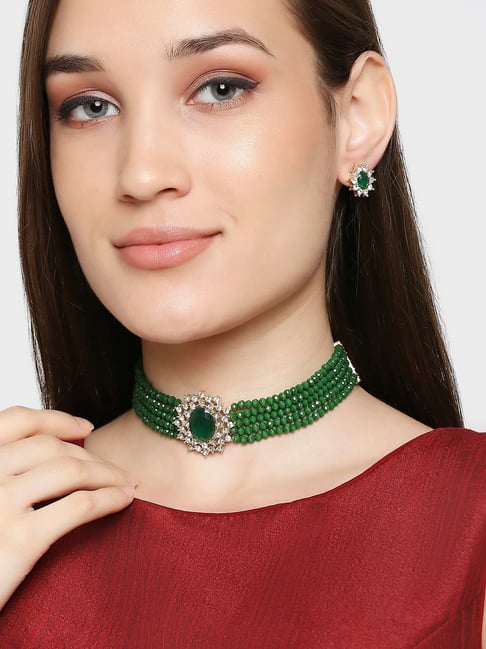 OOMPH Green Beads & American Diamond Choker Necklace Set with Earrings-picture-13