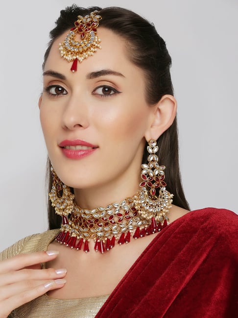 Red Pearls Kundan Beads Gold Plated MaangTika Choker – Priyaasi