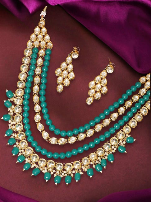 OOMPH Green Kundan Pearls Heavy Multi Layer Mala Long Necklace Set with  Drop Earrings