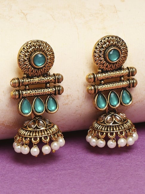OOMPH Jewellery Antique Gold Tone Green Stones with Beads Ethnic Jhumki