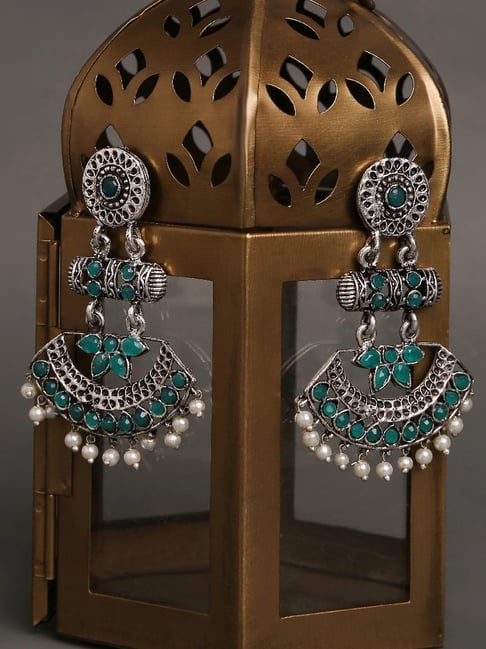OOMPH Jewellery German Oxidized Silver Green Stone Pearls Peacock Design Ethnic Dangler-picture-13