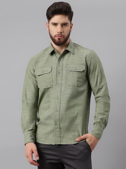 Buy Woodland Green Cotton Regular Fit Textured Shirt for Men