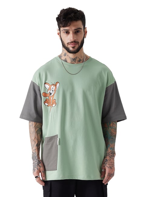 Buy The Souled Store Green Grey Relaxed Fit Oversized Crew T