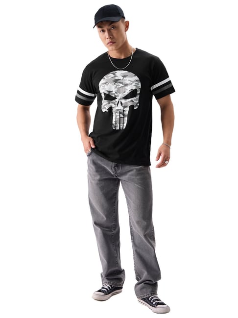 The Souled Store Black Regular Fit Punisher: Logo Crew T-Shirt