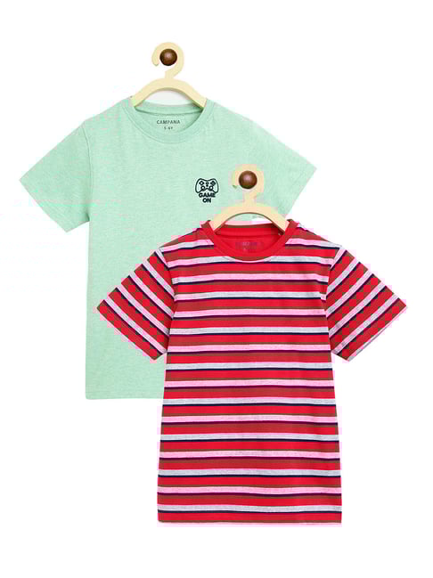 Campana Kids Mint Green Red Striped T-Shirt (Pack Of 2)