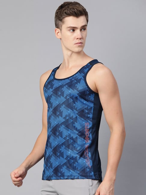 ALCIS Navy Dry Tech Slim Fit Printed Sleeveless Sports T Shirt