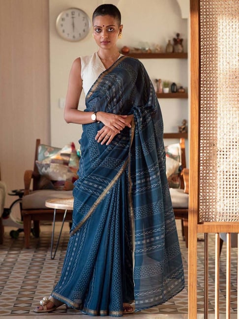 Shop Powder Blue Printed Mulberry Silk Saree with Belt Online in USA – Pure  Elegance