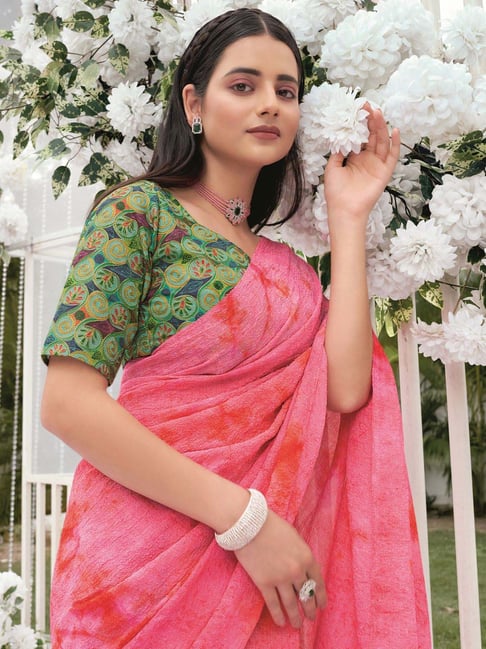 Pink All Over Printed Saree in Art Silk with Floral Motifs -...