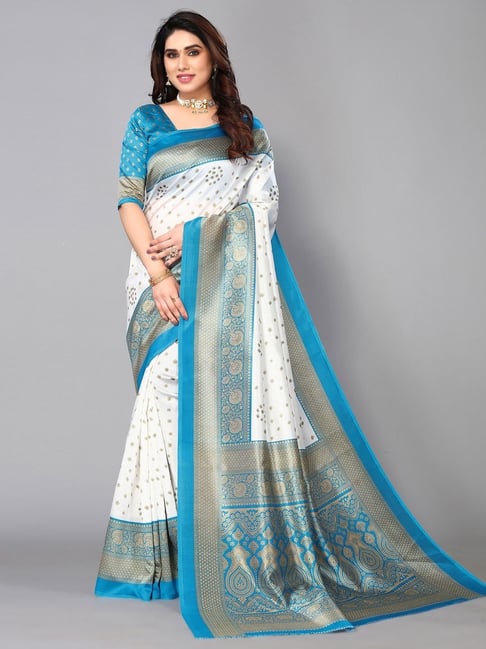 Combination of white chanderi with blue & orange cotton silk saree wit –  Sujatra