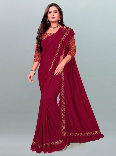 Maroon Chiffon Saree With Blouse 142791 | Chiffon saree, Red chiffon,  Bridal saree