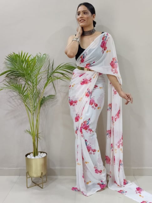 Light Pink White Floral Printed Saree – Lashkaraa