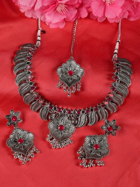 Oxidised Necklace set with long and short Necklace, Earrings, Ring, Nosepin  and Bracelet