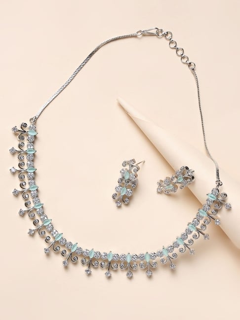 Aatmana Silver-Plated White & Sea Green AD-Studded Handcrafted Necklace & Earring Set-picture-14