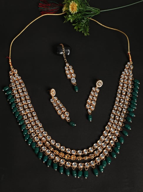 Aatmana Gold-Plated Bridal Kundan Layered Green Necklace Set with Maang  Tikka