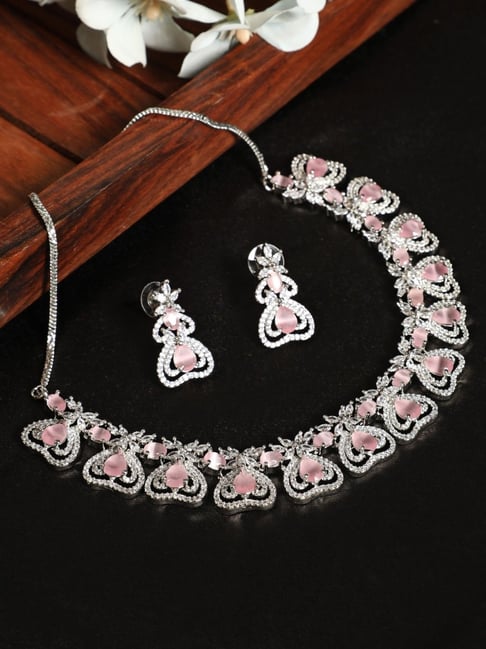 Aatmana Silver-Plated White & Pink CZ Studded Heart Shaped Necklace Set-picture-17