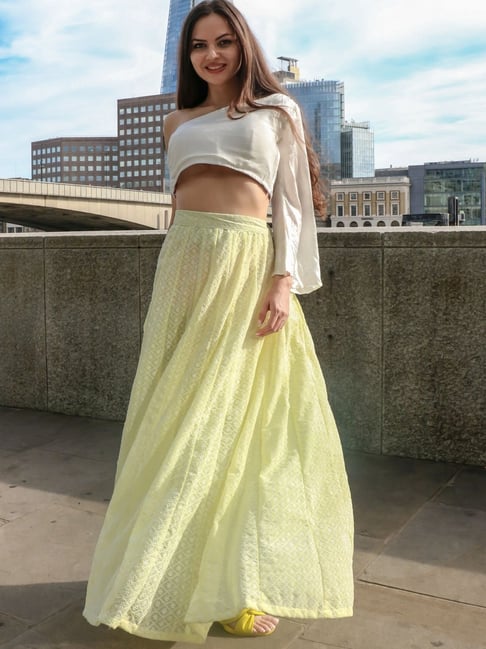 Buy HOUSE OF JAMOTI Off-White Yellow Embroidered Crop Top Skirt