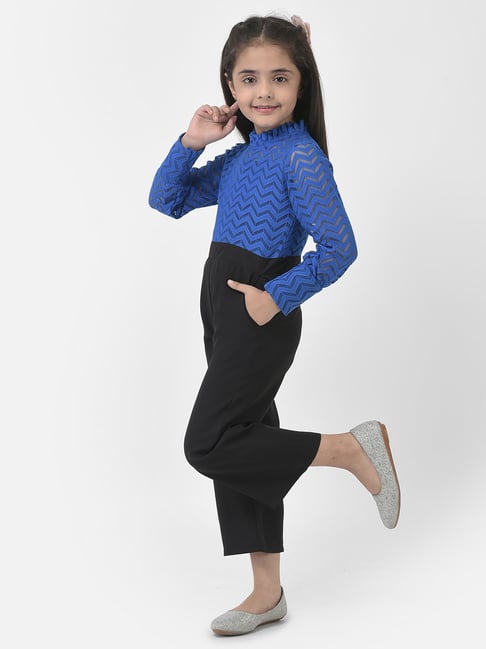 Eavan Kids Royal Blue & Black Self Design Full Sleeves Jumpsuit
