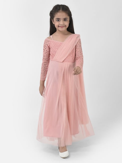 Eavan Kids Peach Self Design Full Sleeves Maxi Dress-picture-13