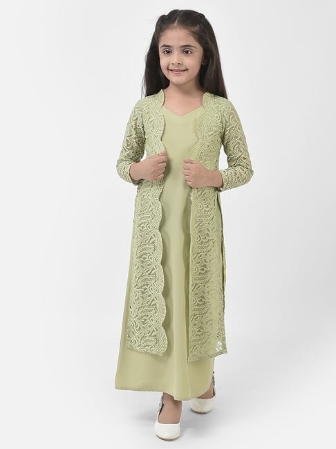 Eavan Kids Sage Green Self Design Full Sleeves Maxi Dress-picture-15