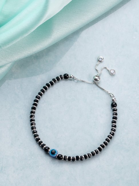 SS925 Black Sterling Silver Diamond and Moonstone Evil Eye Chain Bracelet