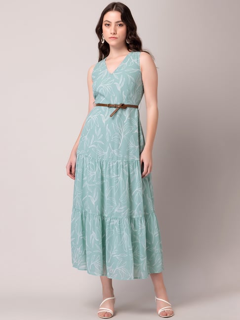 Buy FabAlley Blue Floral Print Tiered Maxi Dress With Belt for
